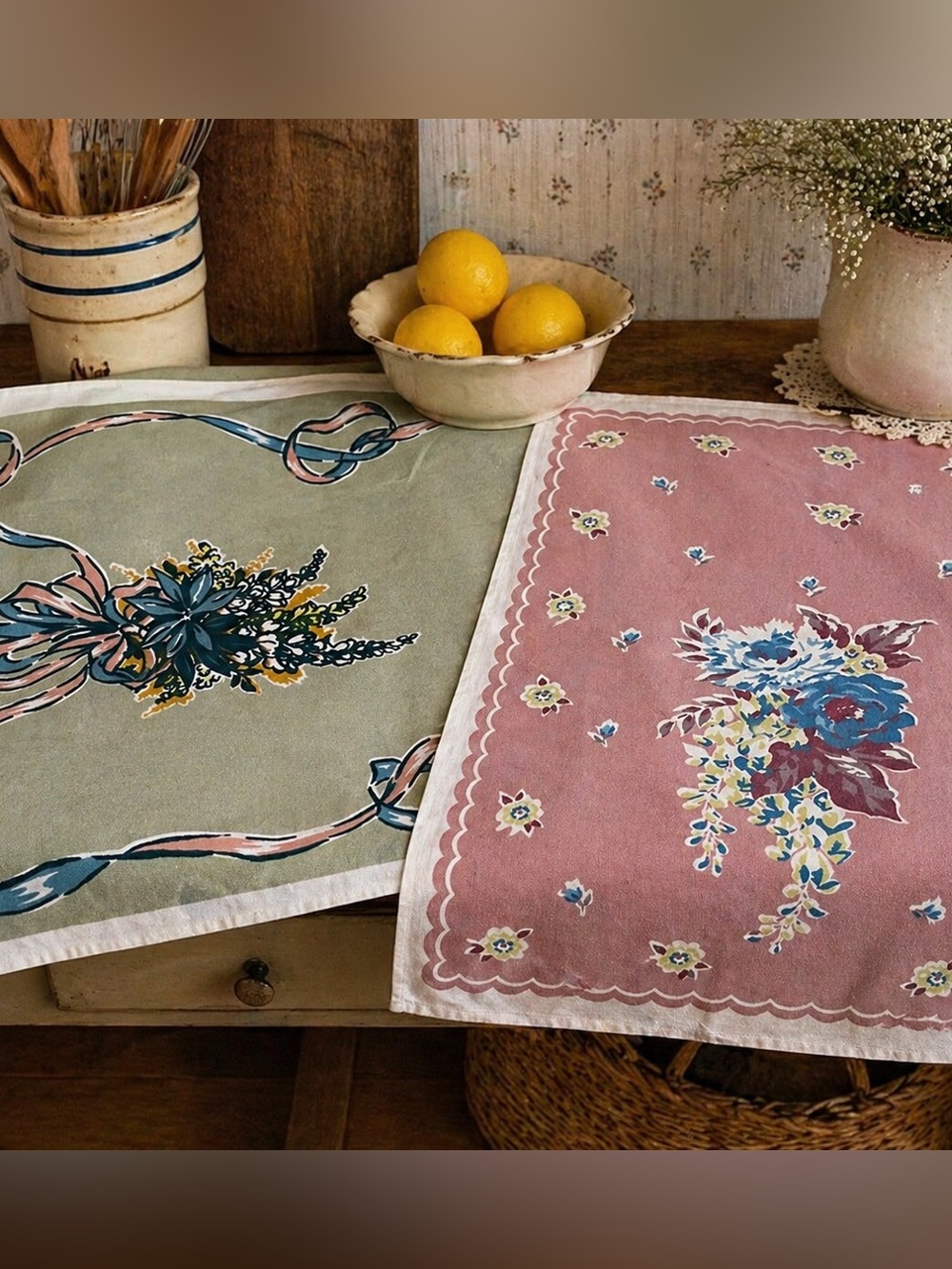 Set of 2 Vintage Floral Tea Towels - Green & Mauve